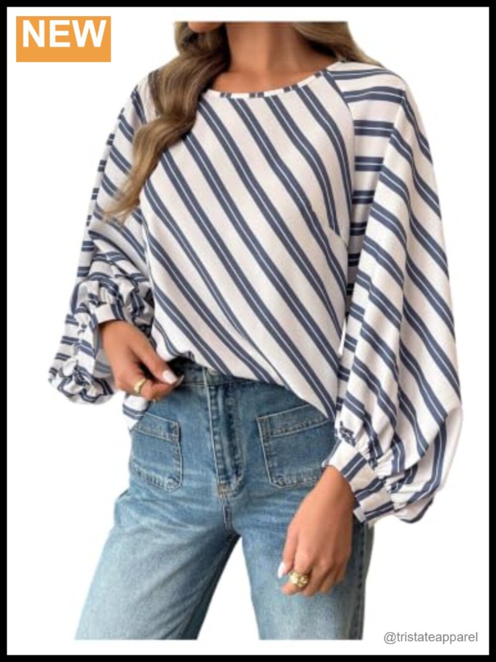 Striped Balloon Sleeve Blouse Crew Neck Pullover Flowy Top
